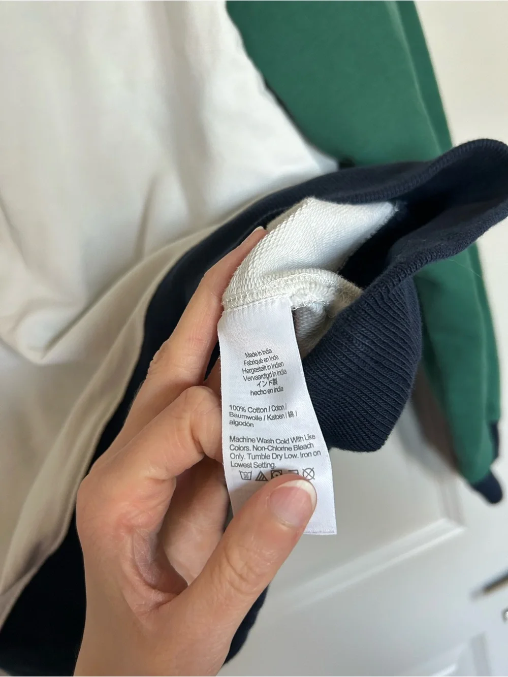 J. Crew White Pullover with Green Sleeves and Navy Trim